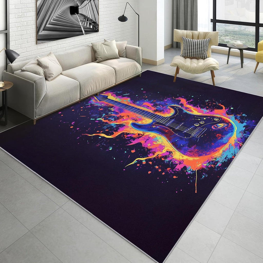 Guitar Rugs 5x7 - Guitar Rugs 8x10, Electric Guitar Music Area Rug for Living Room Bedroom, Washable Non Slip Ultra Soft, Rock and Roll Graffiti Carpet, Guitar Home Decor & Gifts