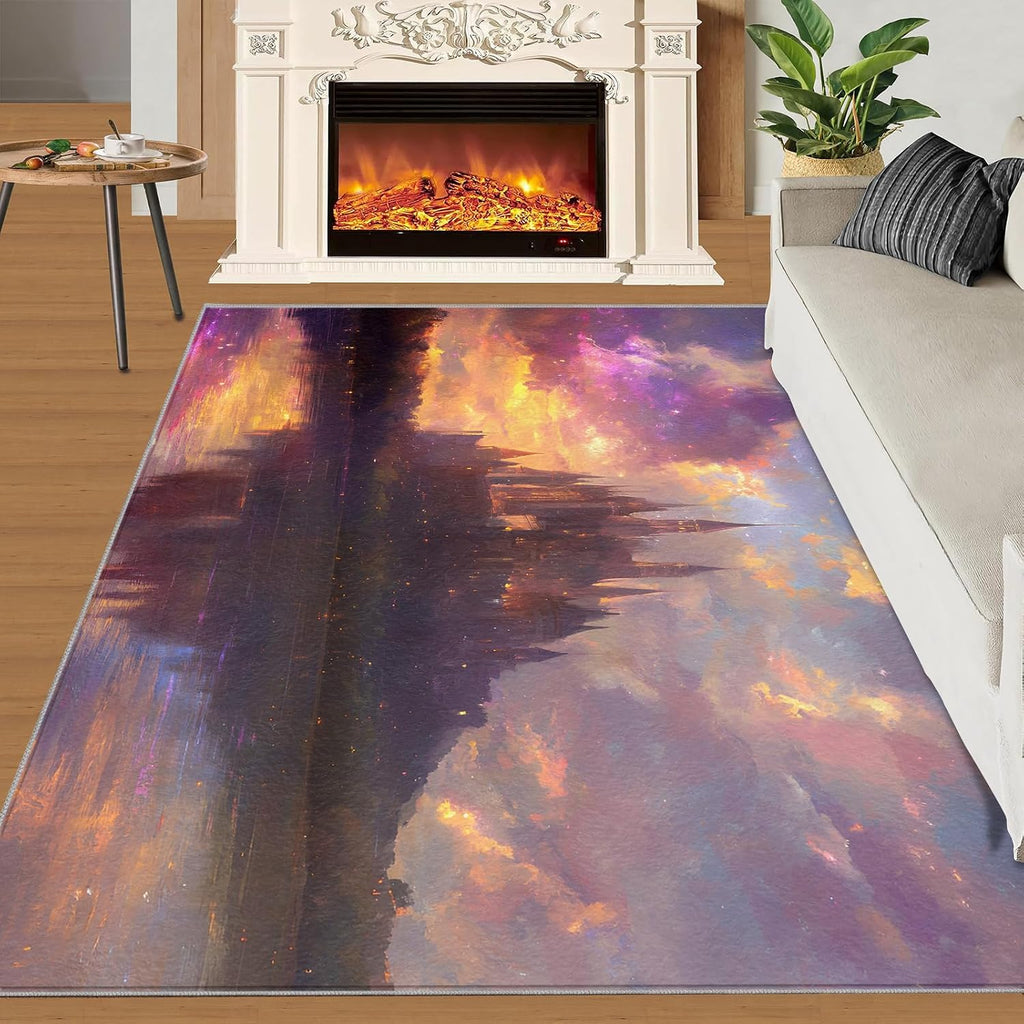 Castle Rugs for Bedroom, Fairy Castle Rug 6x8, Romantic Scenery Dining Room Rugs Washable & Non Slip Large Carpet for Home Decor