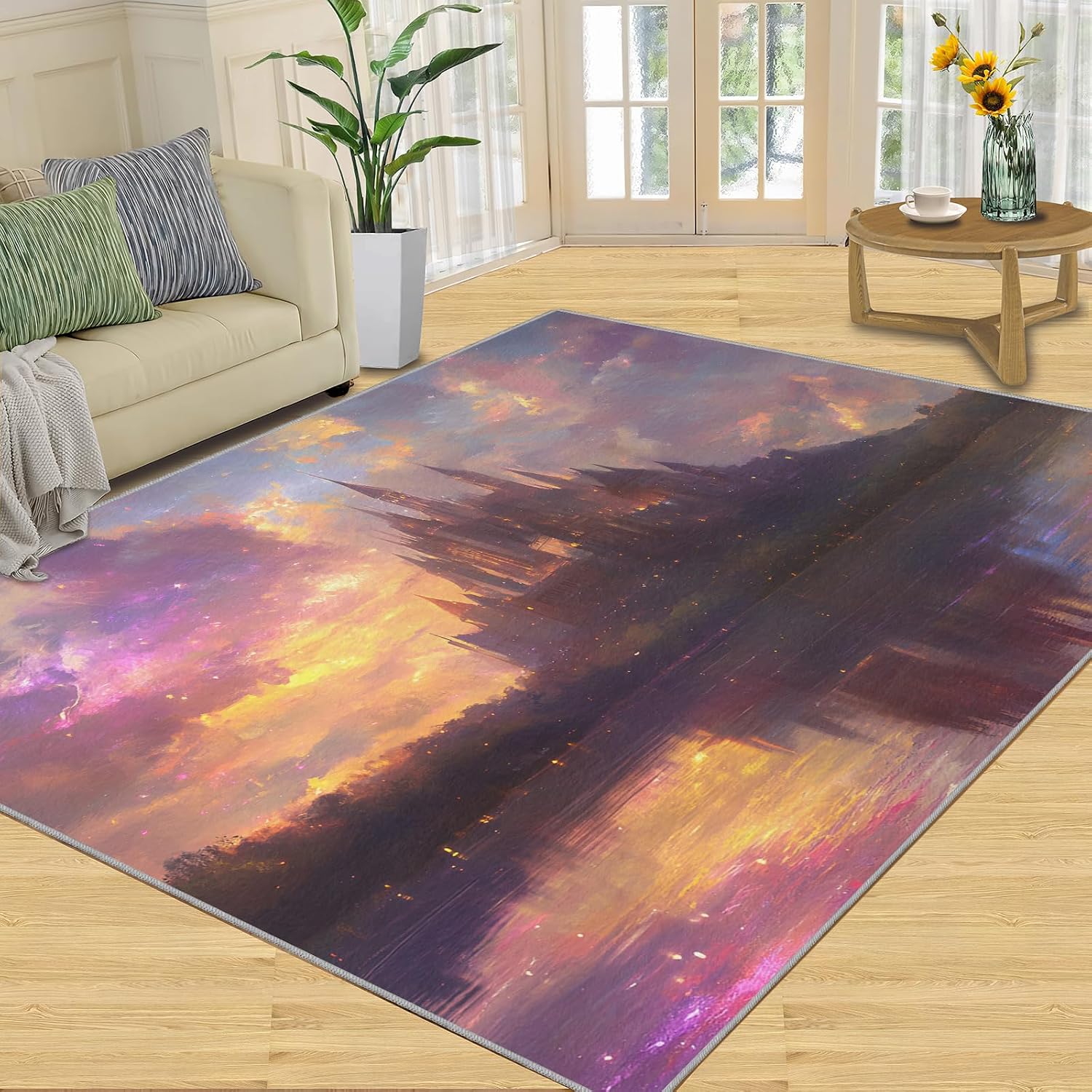 Castle Rugs for Bedroom, Fairy Castle Rug 6x8, Romantic Scenery Dining Room Rugs Washable & Non Slip Large Carpet for Home Decor