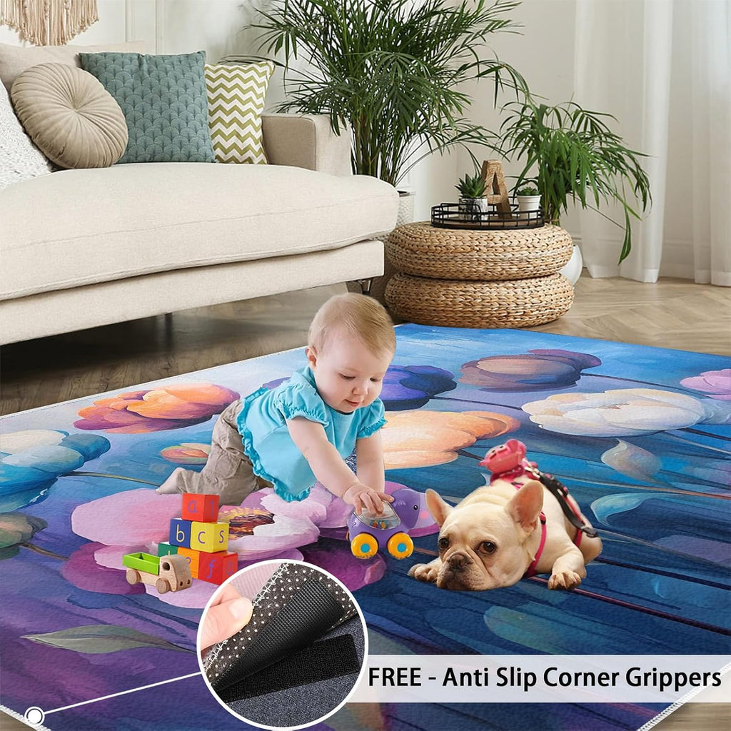 Flowers Rug, Watercolor Flower Rugs for Bedroom 5x7 Rug, Plant Floral Area Rug, Rugs for Living Room, Non Slip Washable Carpet for Kids Room Home Decor
