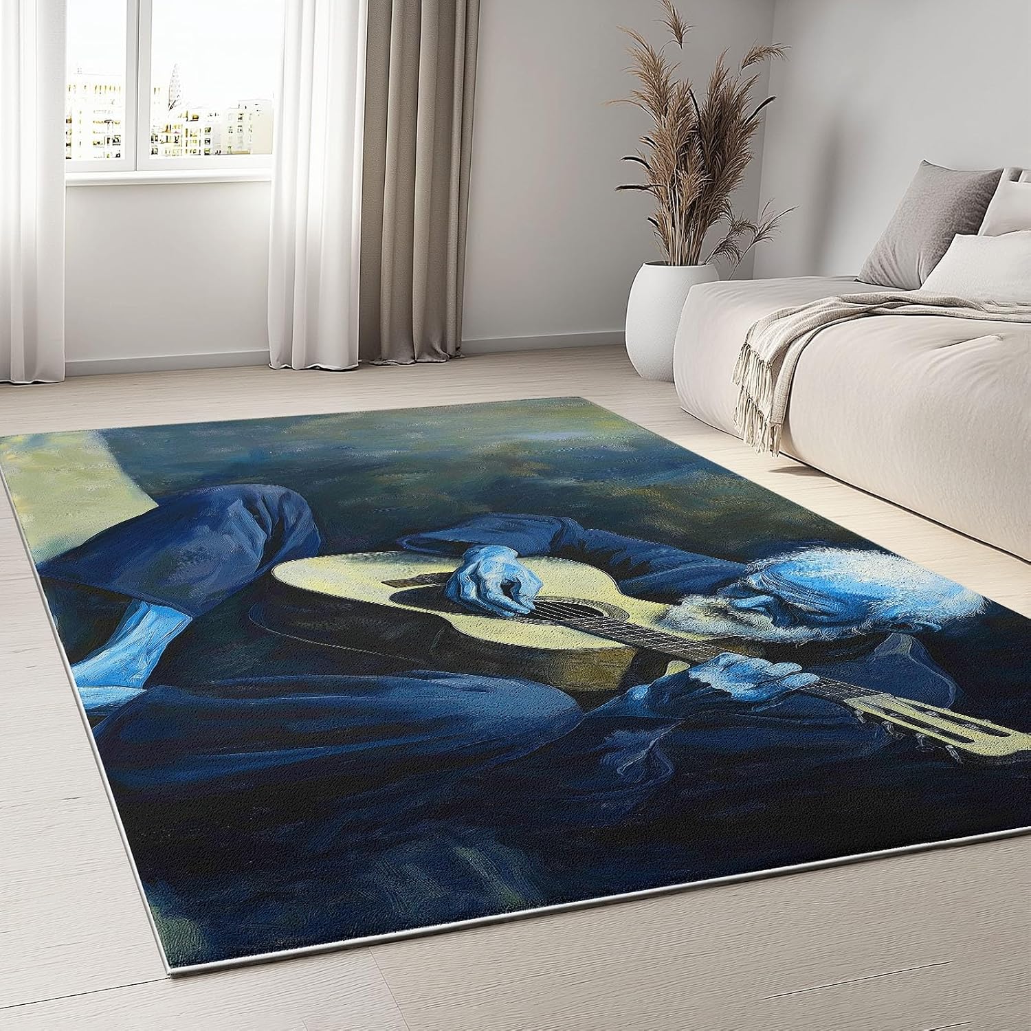 Washable Area Rugs 5x8 ft Old Man Guitar Modern Non-Slip Area Rug for Living Room Bedroom, Indoor Floor Carpet, Ultra Soft Wool Low Pile Home Decor Rug