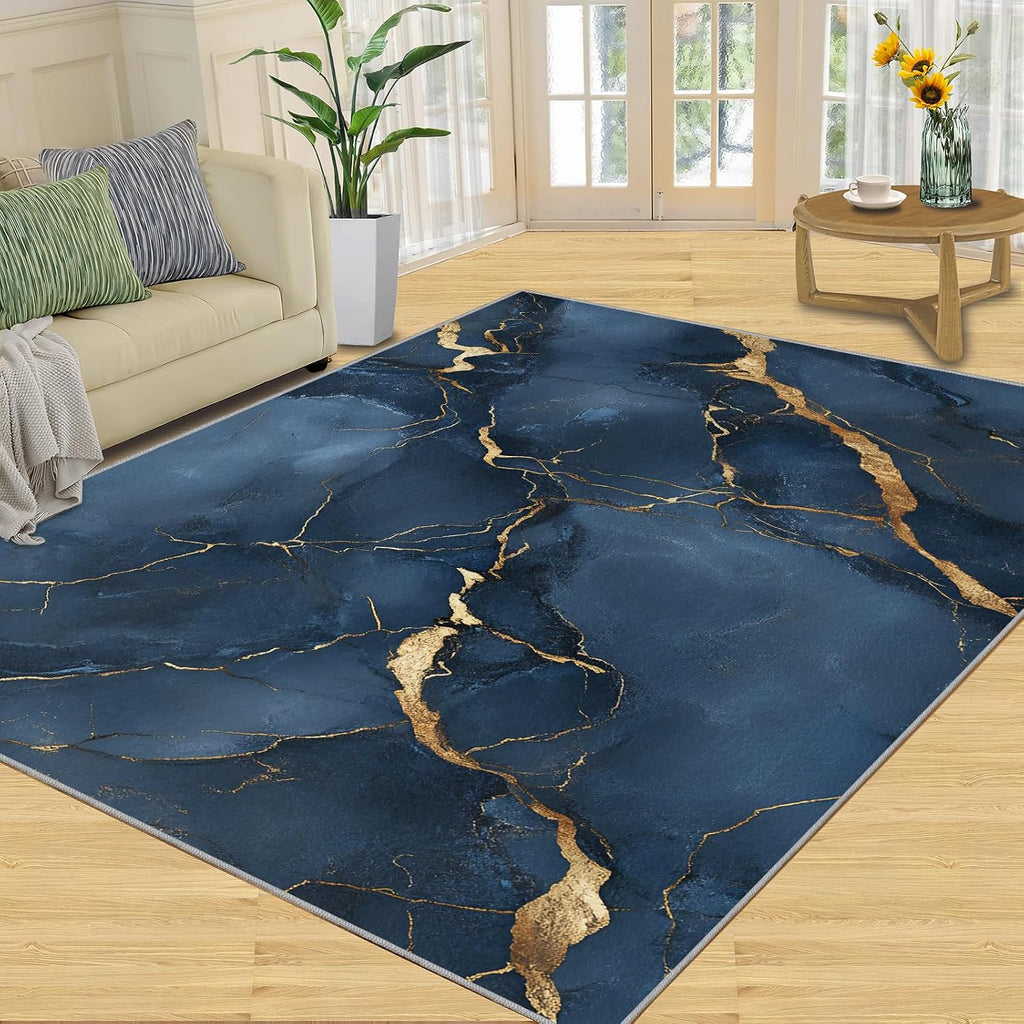 Blue Marble Area Rug 6x8, Marble Rugs for Living Room, Golden Cracks Bedroom Rug, Machine Washable Rugs for Sofa Kitchen Dining, Non-Slip Home Decor Carpet