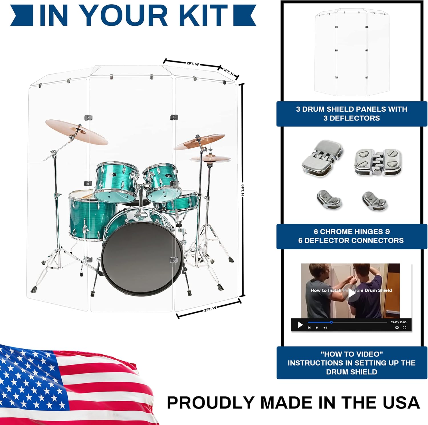 PENNZONI Drum Shield 6ft w/Deflectors & Chrome Hinges, Comes w/ 3 Drum Panels, 3 Deflectors, Chrome Hinges & Deflector Connectors, Premium Clear Acrylic Panels
