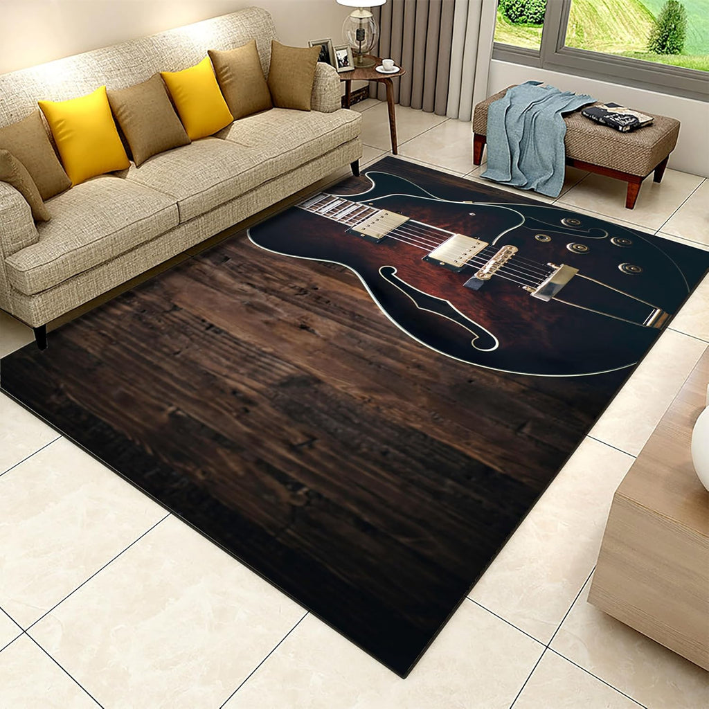 Vintage Wooden Guitar Area Rugs, 6x8ft, Brown Wood Board Musical Instrument Bedroom Carpet, Durable Non-Shedding Easy Clean Rugs, Floor Decor Washable Non Slip Rugs for Entrance Pet