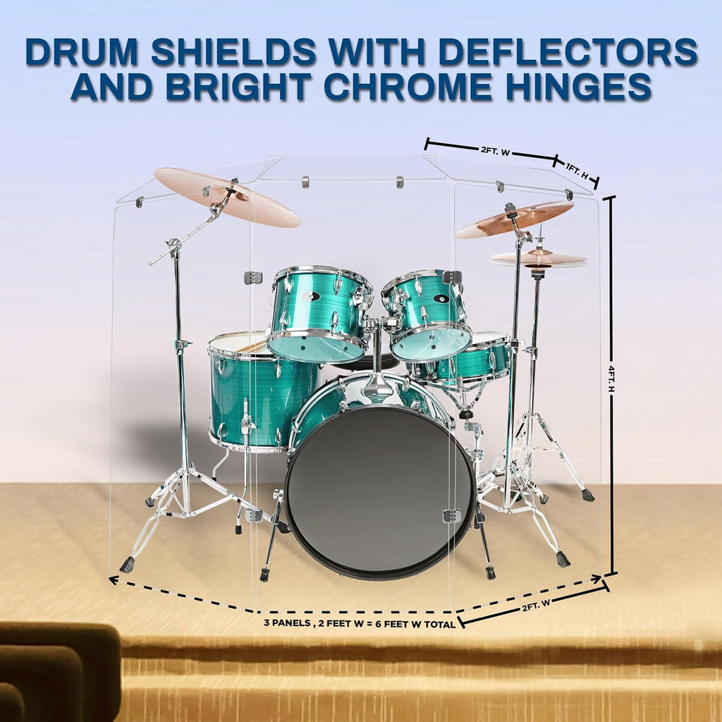 PENNZONI Drum Shield 4ft w/Deflectors & Chrome Hinges, Comes w/ 3 Drum Panels, 3 Deflectors, Chrome Hinges & Deflector Connectors, Premium Clear Acrylic Panels