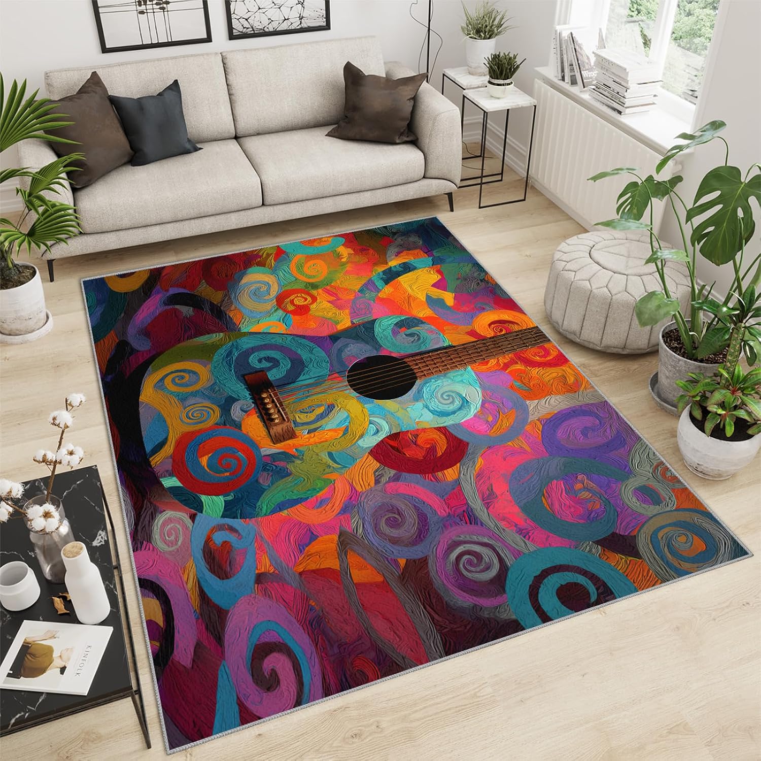 Guitar Rugs for Music Room - Boys Musical Rug, 6x8 Rug, Music Washable Rugs for Living Room Bedroom, Colored Swirl Area Rug, Rock and Roll Carpet - Home Decor, Electric Guitars Gifts for Men