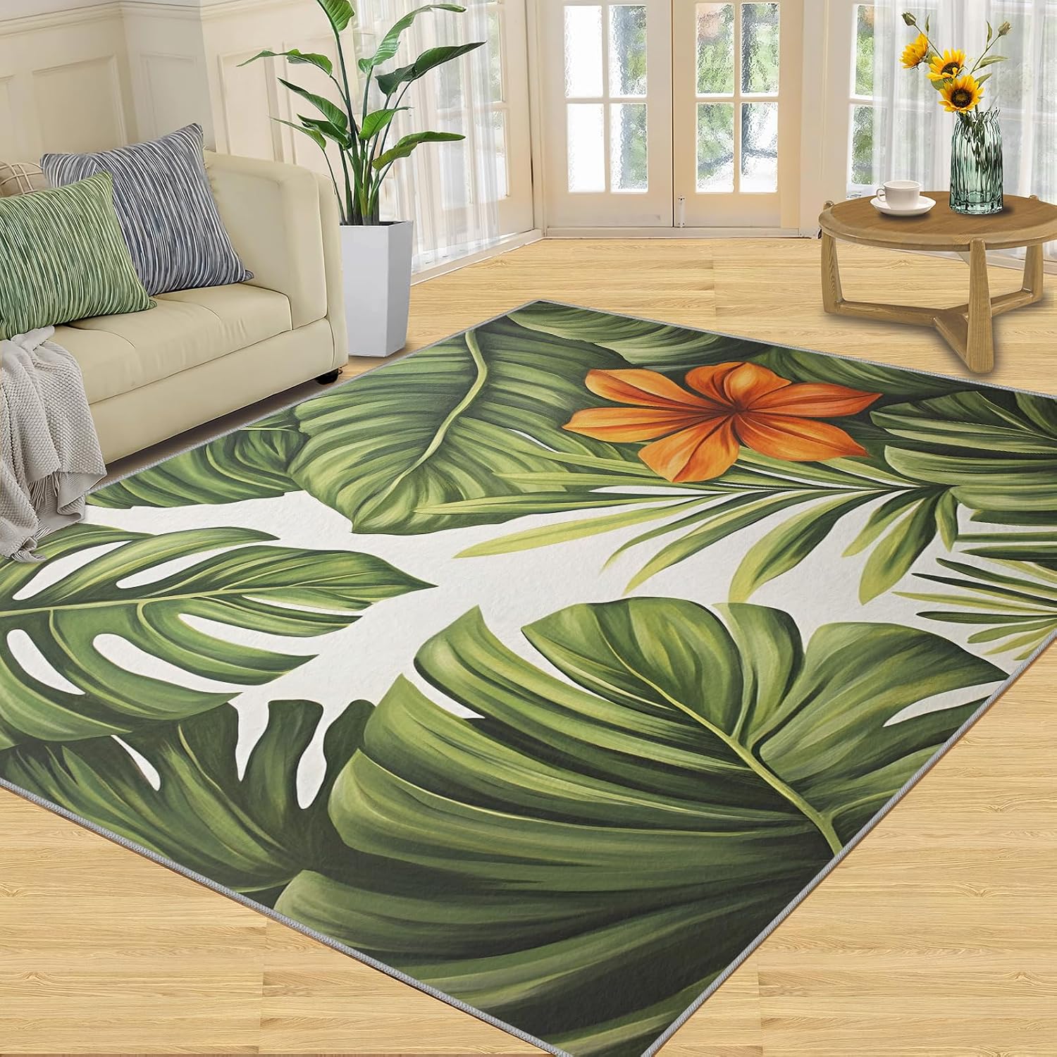 Hibiscus Monstera Rugs for Bedroom - 6x8 Rug, Floral Area Rugs for Living Room, Green Botanical Carpet, Botanical Washable Area Mat, Tropical Leaves Carpet, Floral Home Decor & Gifts