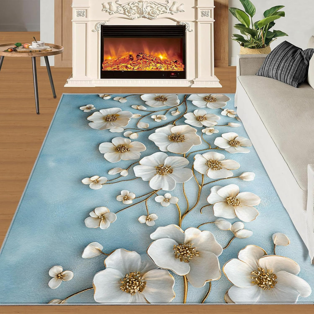 Florals Relief Area Rug 6x8 - White Florals Large Rugs for Living Room, Simple Flowers Carpet Area Rug for Girls Bedroom Kids Room Basement Office Classroom