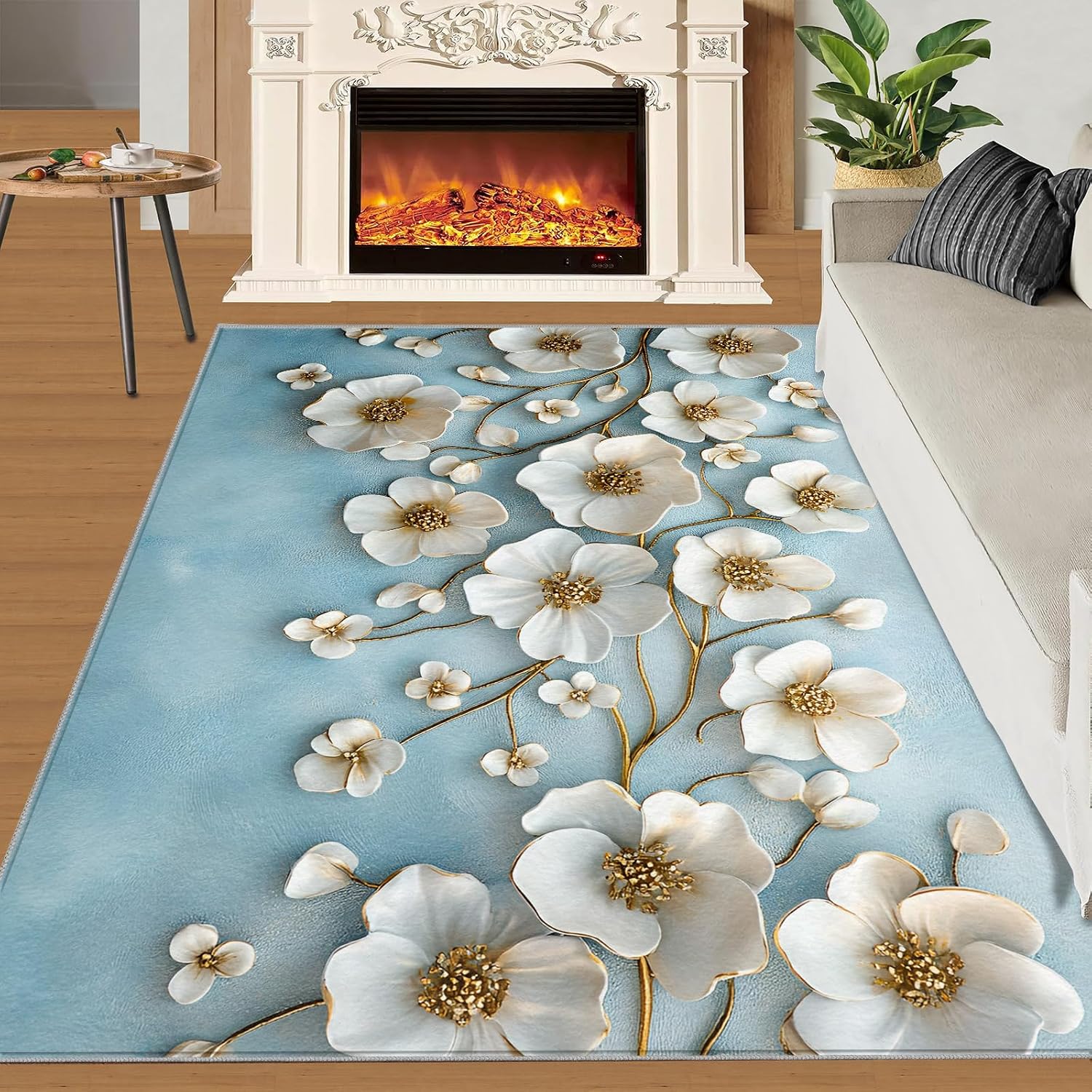 Florals Relief Area Rug 6x8 - White Florals Large Rugs for Living Room, Simple Flowers Carpet Area Rug for Girls Bedroom Kids Room Basement Office Classroom