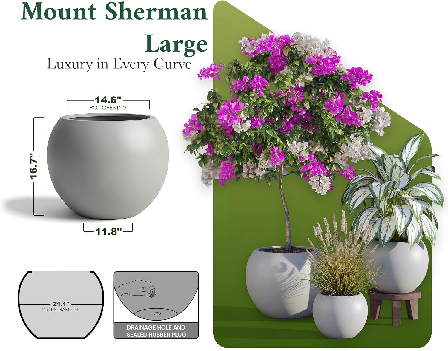 DTY Mount Sherman 21.1'' D x 16.7'' H (Pot Opening 14.6') Fiberstone Round Planter with Drainage Hole, Smooth Finishes, Weather Resistant for Indoor and Outdoor, 2 Extra Coco Mats - Light Gray, Large