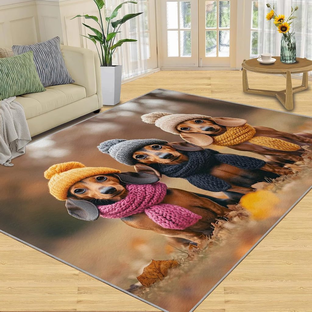 Dachshund Rugs for Bedroom, Autumn Fashion Rug 6x8, Dog Portrait Dining Room Rugs Washable & Non Slip Large Carpet for Home Decor
