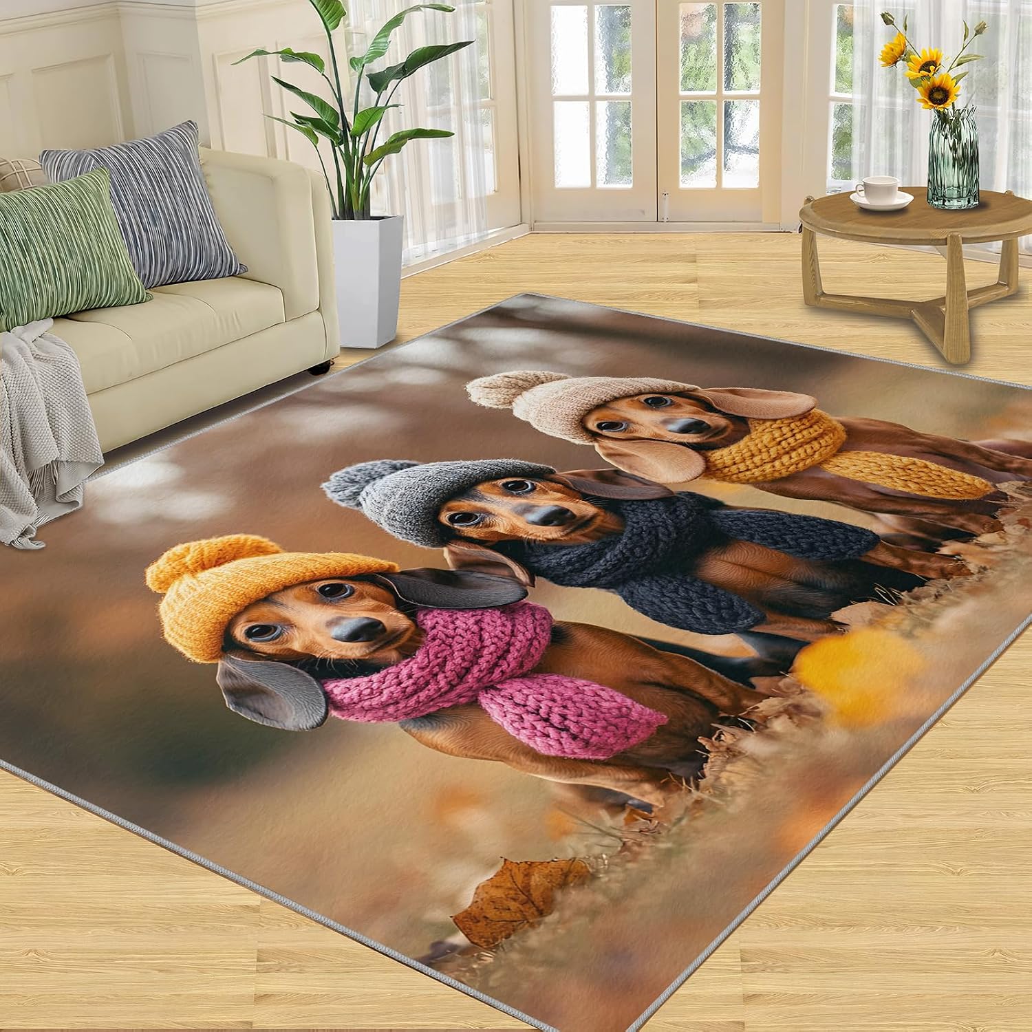 Dachshund Rugs for Bedroom, Autumn Fashion Rug 6x8, Dog Portrait Dining Room Rugs Washable & Non Slip Large Carpet for Home Decor