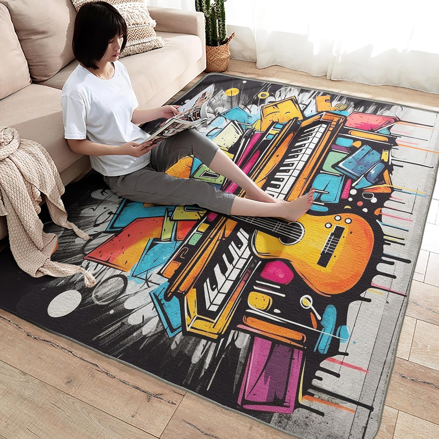 Graffiti Rug 6x9 ft, Music Themed Area Rug, Guitar Rugs for Living Room Bedroom, Piano Carpet, Kids Room Decor for Boys Girls, Washable Non Slip Soft Low Pile Indoor Area Rugs