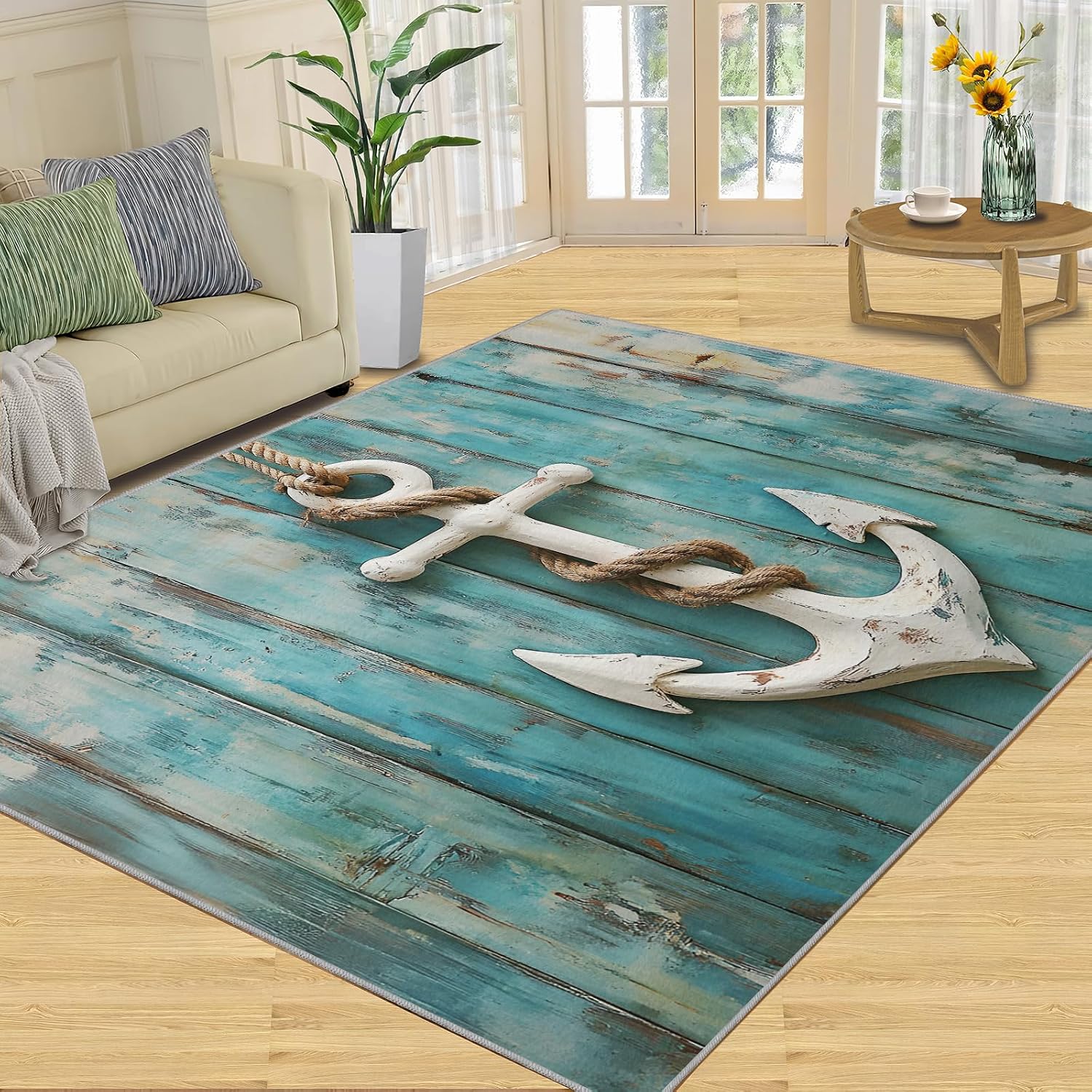 Anchor Rug 6x8, Retro Wooden Boards Rugs for Bedroom, Nautical Theme Area Rug, Non Slip Washable Rugs for Living Room Farmhouse, Indoor Low Pile Decor Carpet