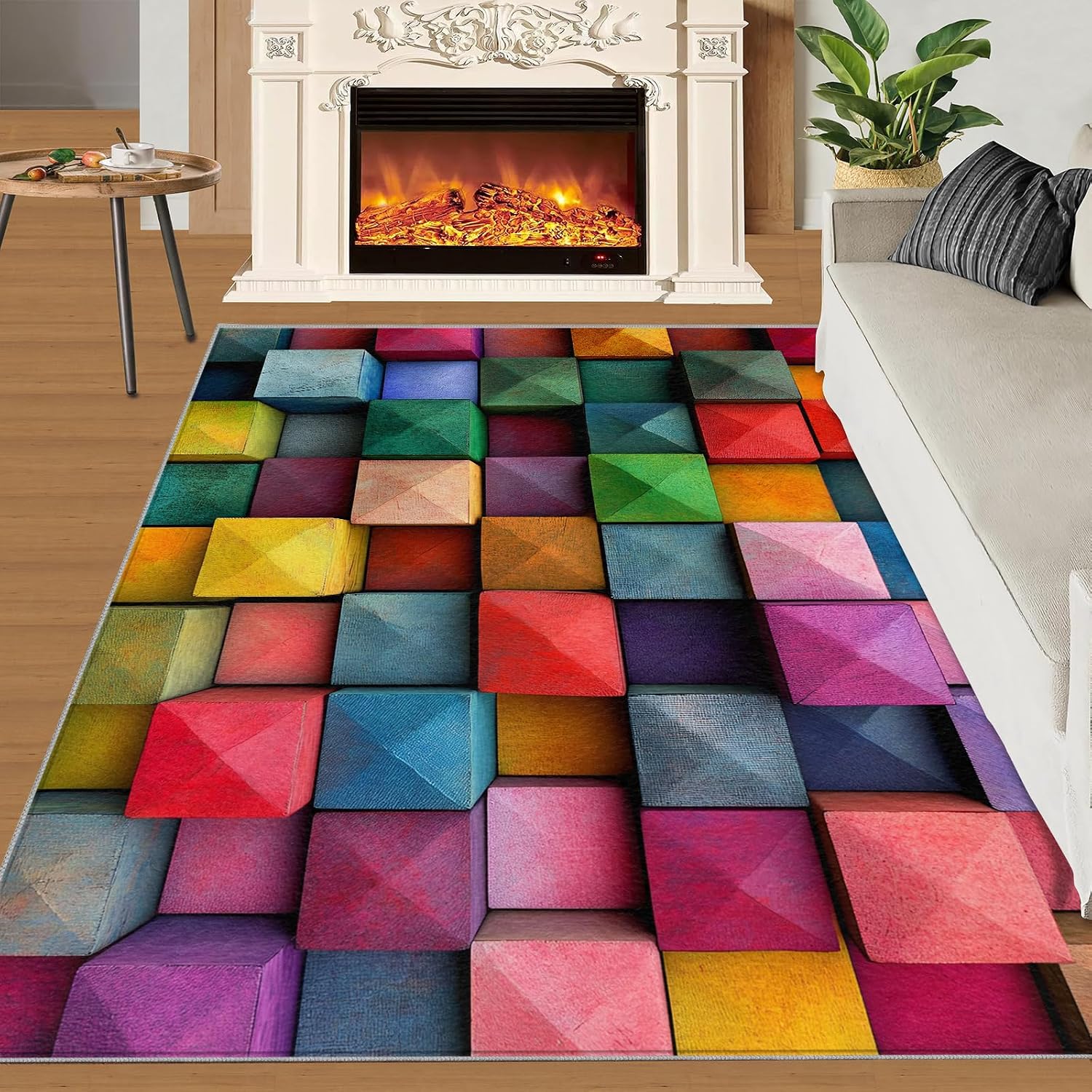 Colorful Rugs for Bedroom, 3D Geometry Area Rug, Abstract Modern Rugs for Living Room, 6x8 Washable Rug Non Slip & Low Pile, Indoor Carpet & Home Decor