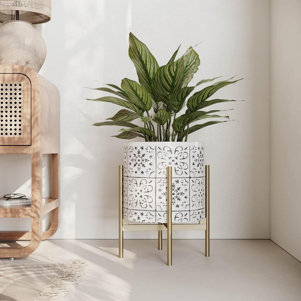 EverNest Tristan White with Black Boho Pattern Plant Pot with Loki Stand, SelectBase Indoor Planter, Neutral Home Decor, Minimalist Artistic Boho Plant Pot (Set of 3, Gold)
