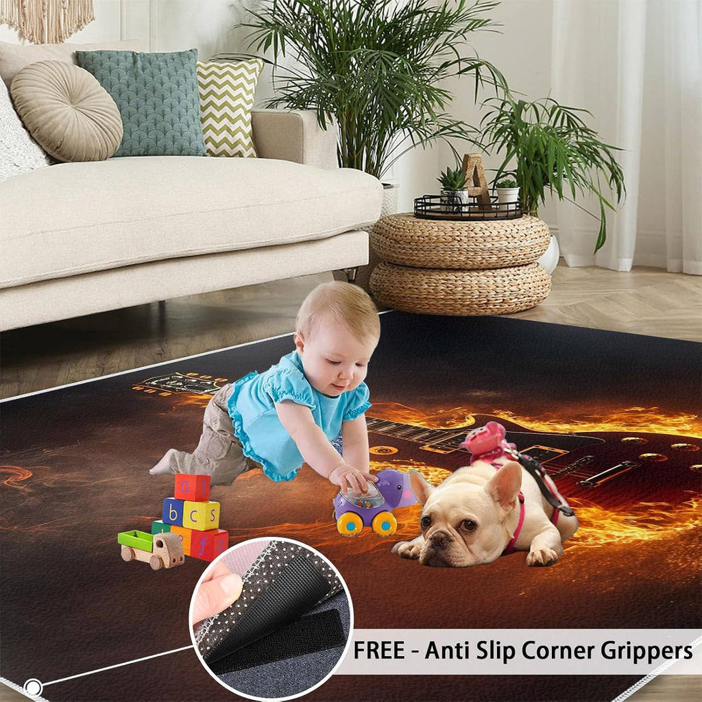 8x10 Electric Guitar Rugs for Living Room - Flaming Guitar Large Area Rug, Rock Art Modern Boy Nursery Rug Soft Washable for Classroom Office Bedroom Kids Room
