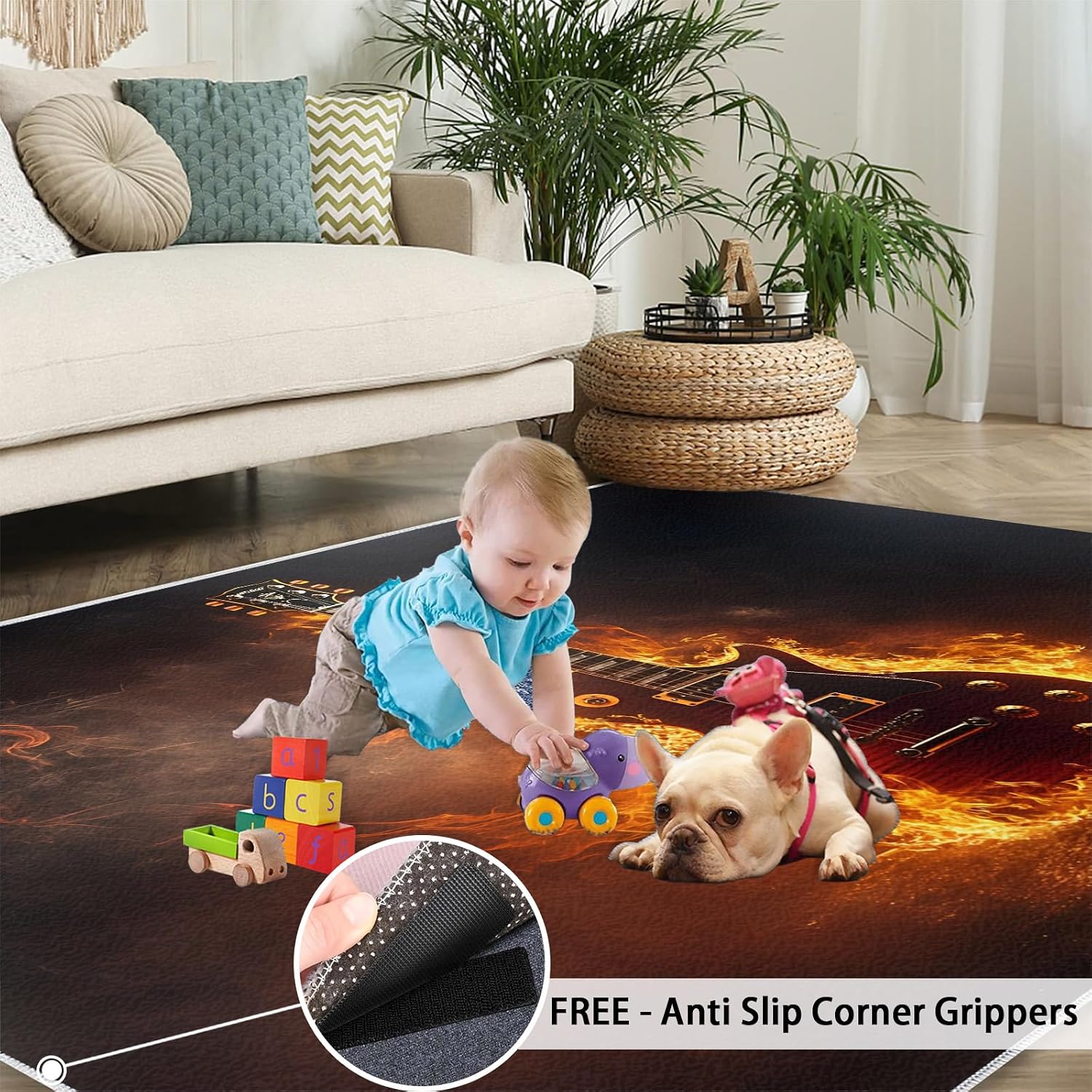 8x10 Electric Guitar Rugs for Living Room - Flaming Guitar Large Area Rug, Rock Art Modern Boy Nursery Rug Soft Washable for Classroom Office Bedroom Kids Room