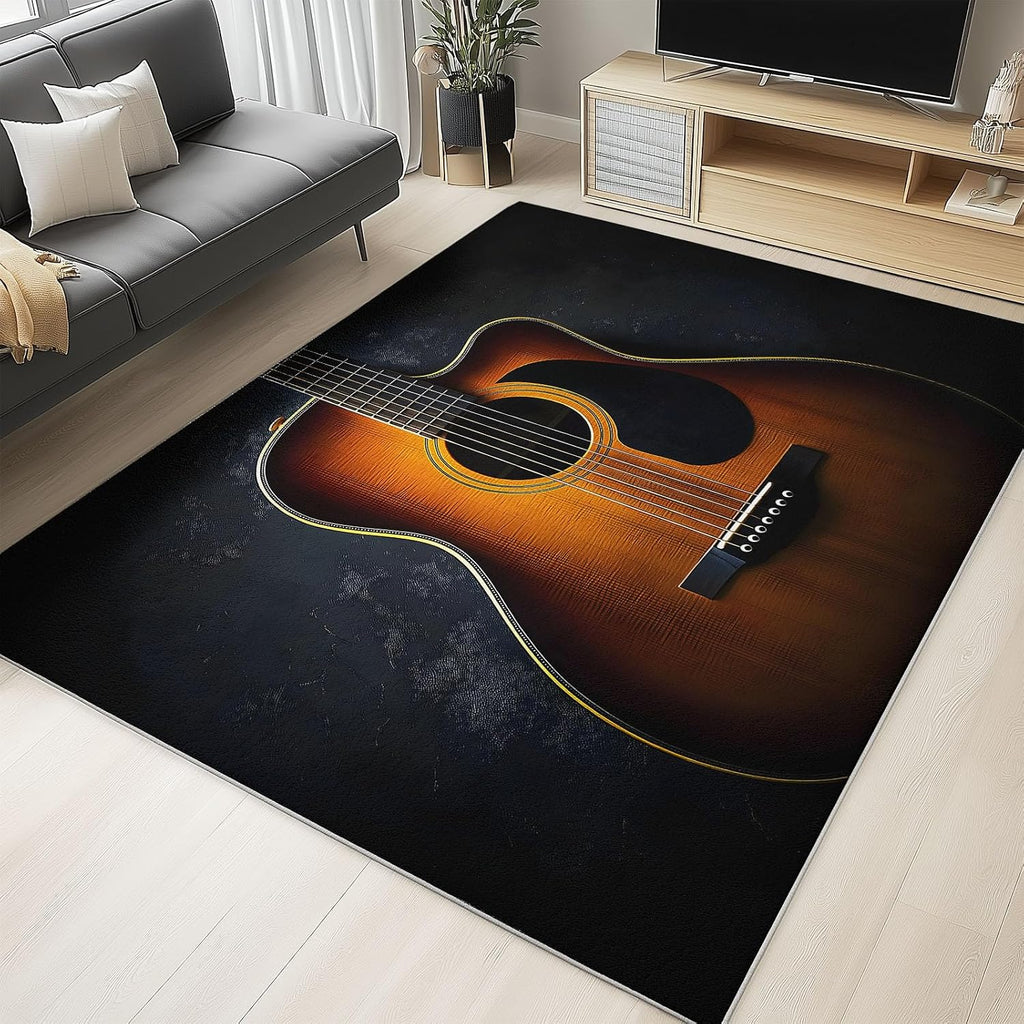 6 x 9 ft Washable Area Rug Black Ultra Soft Area Rug Traditional Floor Cover, Foldable Thin Rug Indoor Non Slip Carpet Minimalist Guitar Print Mat Bedroom Living Room Kitchen