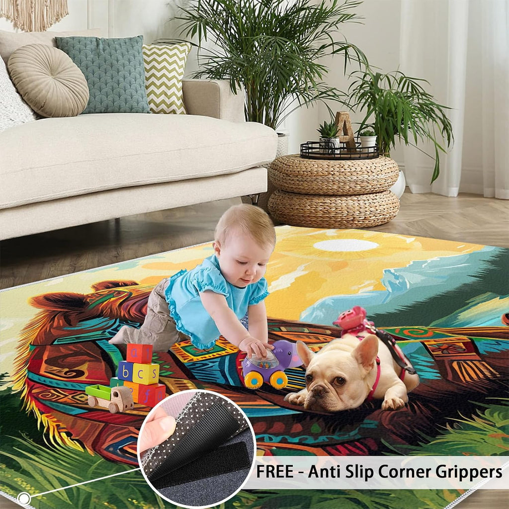 Bear Rugs for Living Room 6x8ft, Aztec Rugs, Western Rug, Decor Carpet for Bedroom Dining Room Non Slip Area Rug