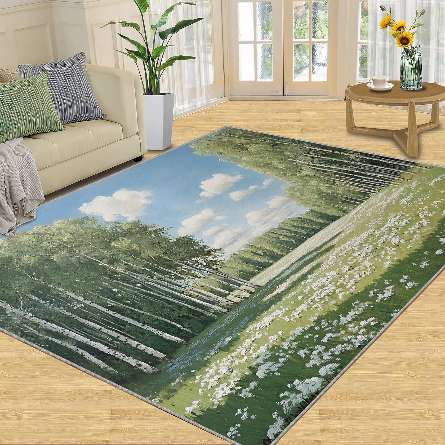 Forest Rug 6x8, Birch Tree Area Rug, Natural Landscape Rugs for Living Room, Washable Rugs for Bedroom, Non Slip Low Pile Floor Mats