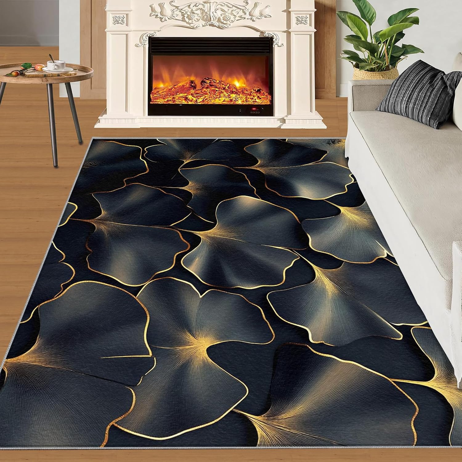 Ginkgo Leaves Rugs for Bedroom - 6x8 Rug, Black Gold Leaves Area Rugs for Living Room, Modern Luxury Carpet, Botanical Washable Area Mat, Plant Carpet, Ginkgo Leaf Home Decor & Gifts