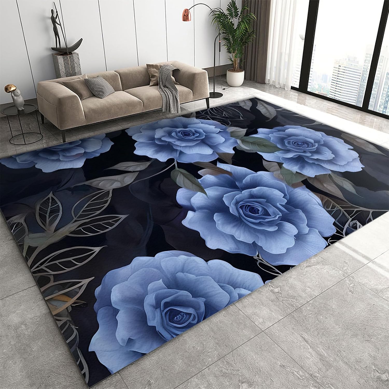 Blue Roses Black Leaves Area Rug, Modern Light Luxury Indoor Non-Slip Kids Rugs, Machine Washable Breathable Durable Carpet for Room Sofa Living Room Mat Bedroom Home Decor Floor Mats,6 x 8ft