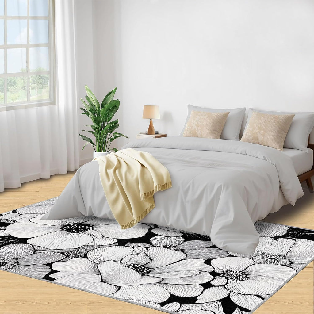 Florals Rugs for Bedroom, Flowers Rug 6x8, Rustic Florals Dining Room Rugs Washable & Non Slip Large Carpet for Home Decor