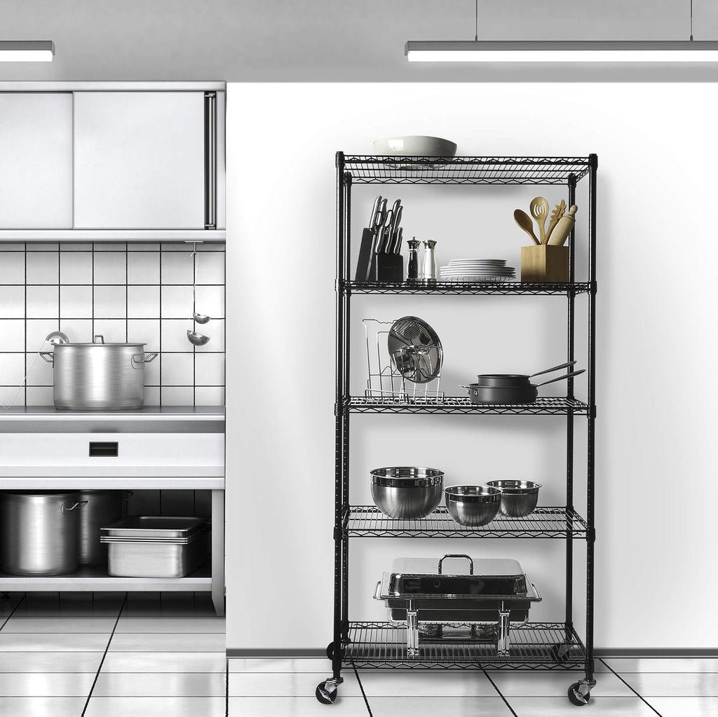 Seville Classics UltraDurable Heavy Duty NSF Solid Steel Wire Rack Storage Unit, Organizer for Garage, Warehouse, Office, Restaurant, Classroom, Kitchen, Black, 5-Tier Shelving, 36' W x 18' D