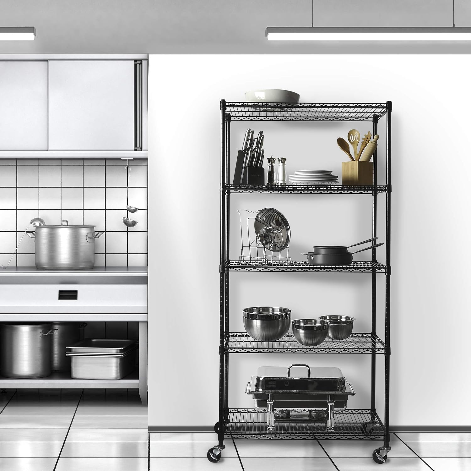 Seville Classics UltraDurable Heavy Duty NSF Solid Steel Wire Rack Storage Unit, Organizer for Garage, Warehouse, Office, Restaurant, Classroom, Kitchen, Black, 5-Tier Shelving, 36' W x 18' D