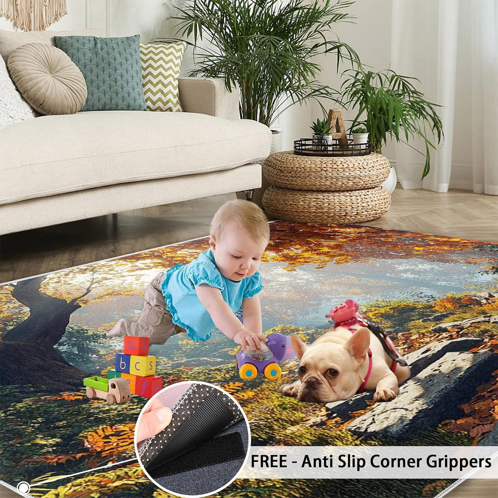 Forest Area Rug Large - 6x8 Rug, Autumn Forest Rugs for Living Room, Stone Path Carpet, Fall Washable Area Rugs for Bedroom, Woodland Carpet, Fall Home Decor