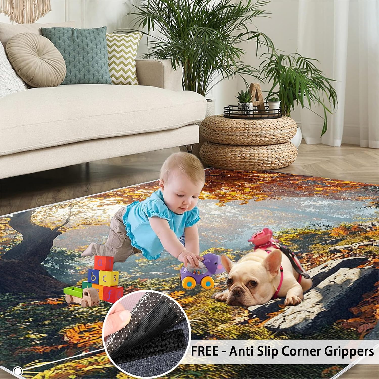 Forest Area Rug Large - 6x8 Rug, Autumn Forest Rugs for Living Room, Stone Path Carpet, Fall Washable Area Rugs for Bedroom, Woodland Carpet, Fall Home Decor