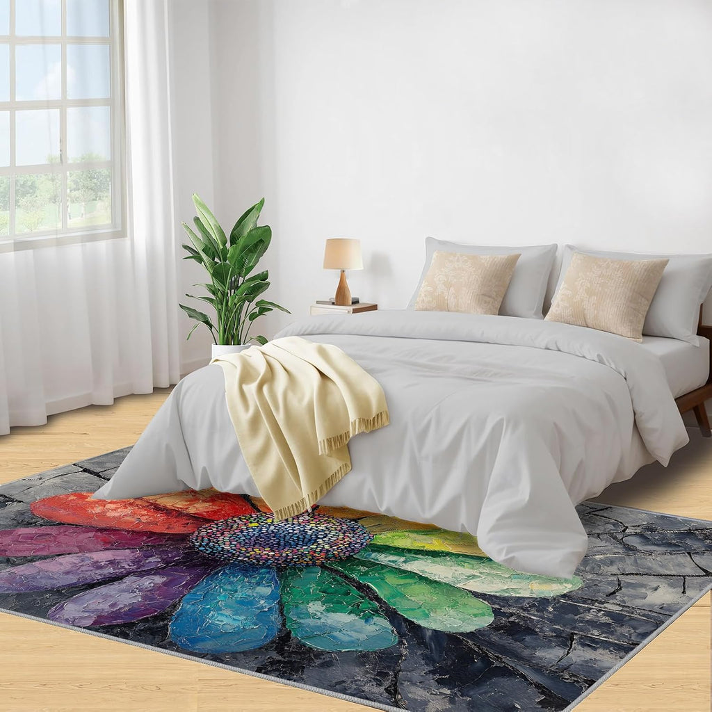 Colorful Flowers Rug 6x8, Sunflower Area Rug, Distressed Flowers Rugs for Living Room, Decor Rugs for Bedroom, Low Pile Non Slip Carpet