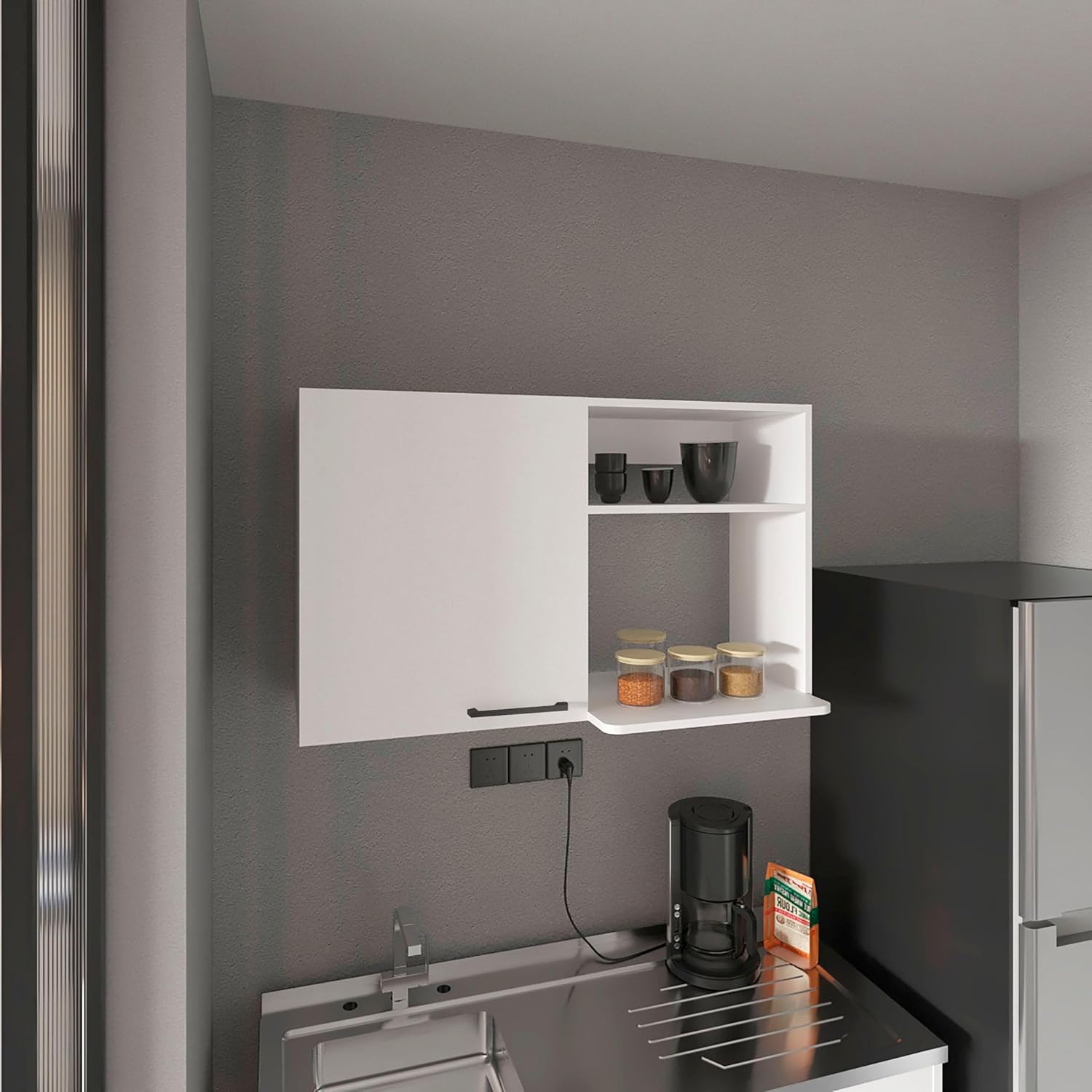 40' Single Door Freestanding Storage Cabinet, Kitchen Storage Bakers Rack with Side Shelves, Utility Food Cupboard with Metal Handles for Kitchen Storage, White