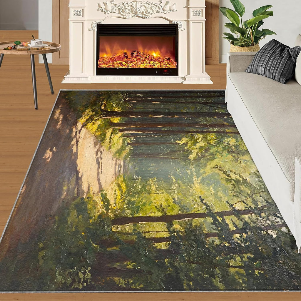 Forest Rugs for Bedroom, Sunshine Forest Rug 6x8, Natural Oil Painting Dining Room Rugs Washable & Non Slip Large Carpet for Home Decor