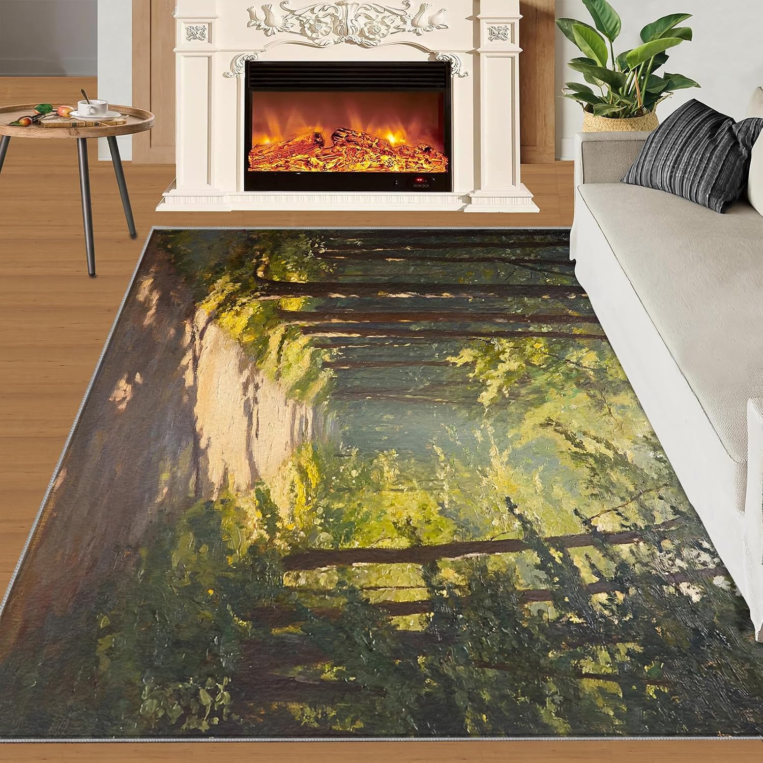Forest Rugs for Bedroom, Sunshine Forest Rug 6x8, Natural Oil Painting Dining Room Rugs Washable & Non Slip Large Carpet for Home Decor