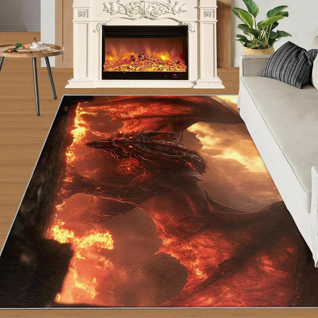 Flame Dragon Area Rug, Dragon Attack Print Rugs, Machine Washable Kids Rug for Living Room Bedroom Children's Room Dormitory Decor Floor Mat 6x8