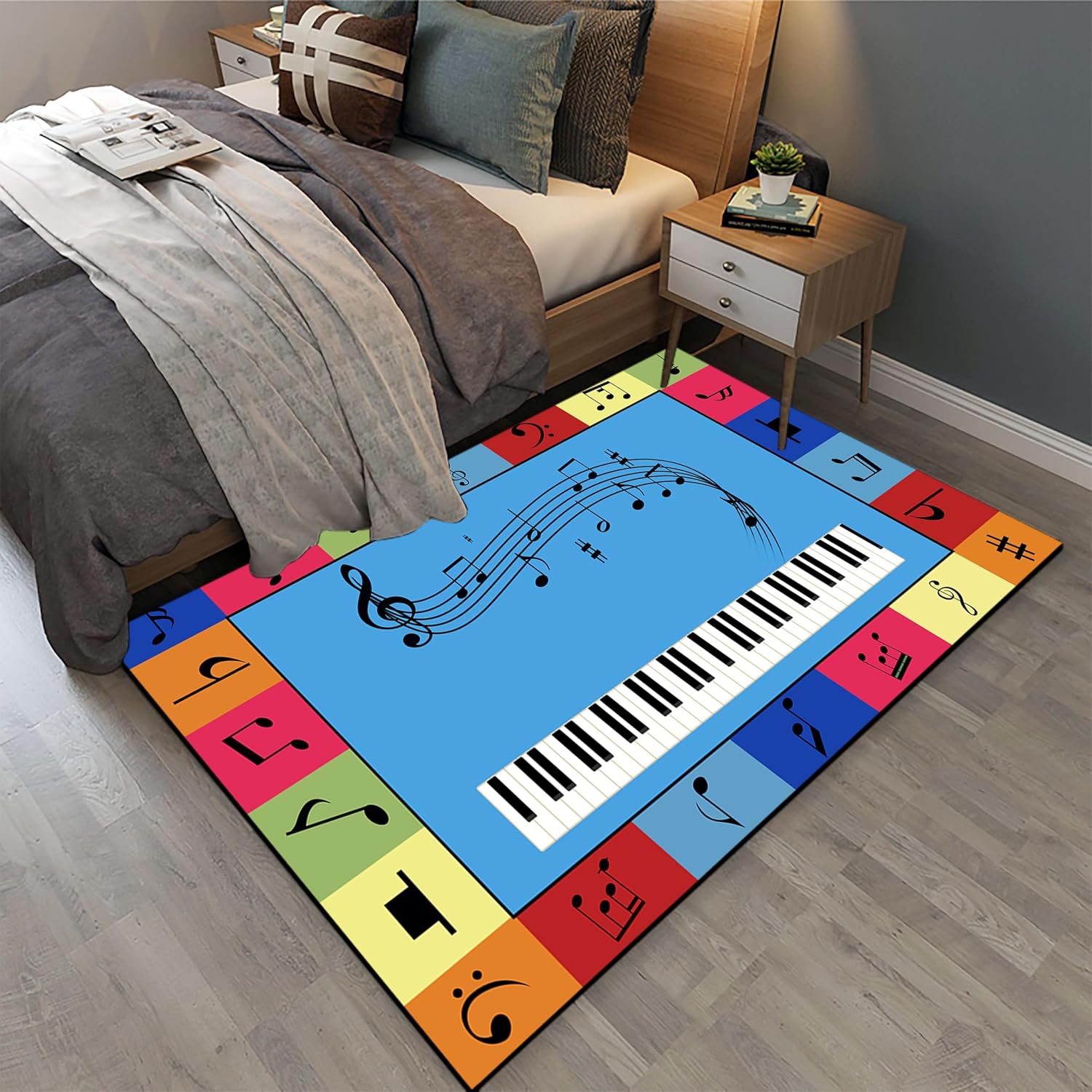 Kids Piano Learning Rug 5x8ft - Colorful Keyboard & Notes Washable Rug, Non-Slip Educational Mat for Kindergarten/Home/School - Music Education Floor Carpet
