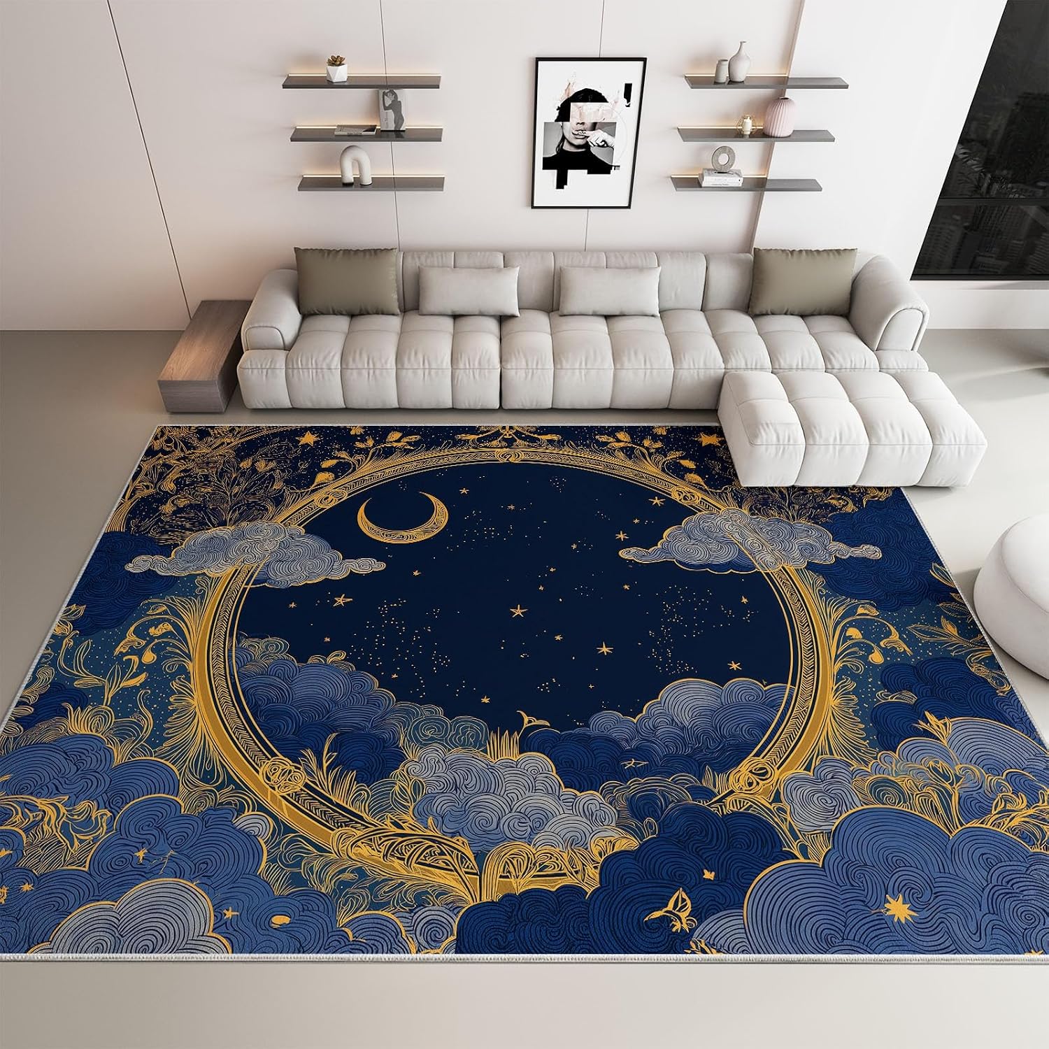 Fantasy Washable 5 x 7 ft Area Rugs for Living Room, Bedroom, Dining Room Kitchen, Office Carpet, Geometric Starry Sky Plant Flower Stain Resistant Non-Slip Large Rug, Durable Easy to Clean