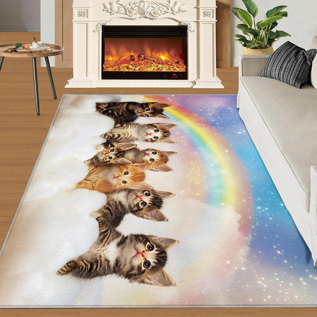 Cat Rugs for Bedroom - 6x8 Rug, Rainbow Area Rugs for Living Room, Fantasy Cloud Carpet, Animal Washable Mat, Cat Home Decor & Gifts
