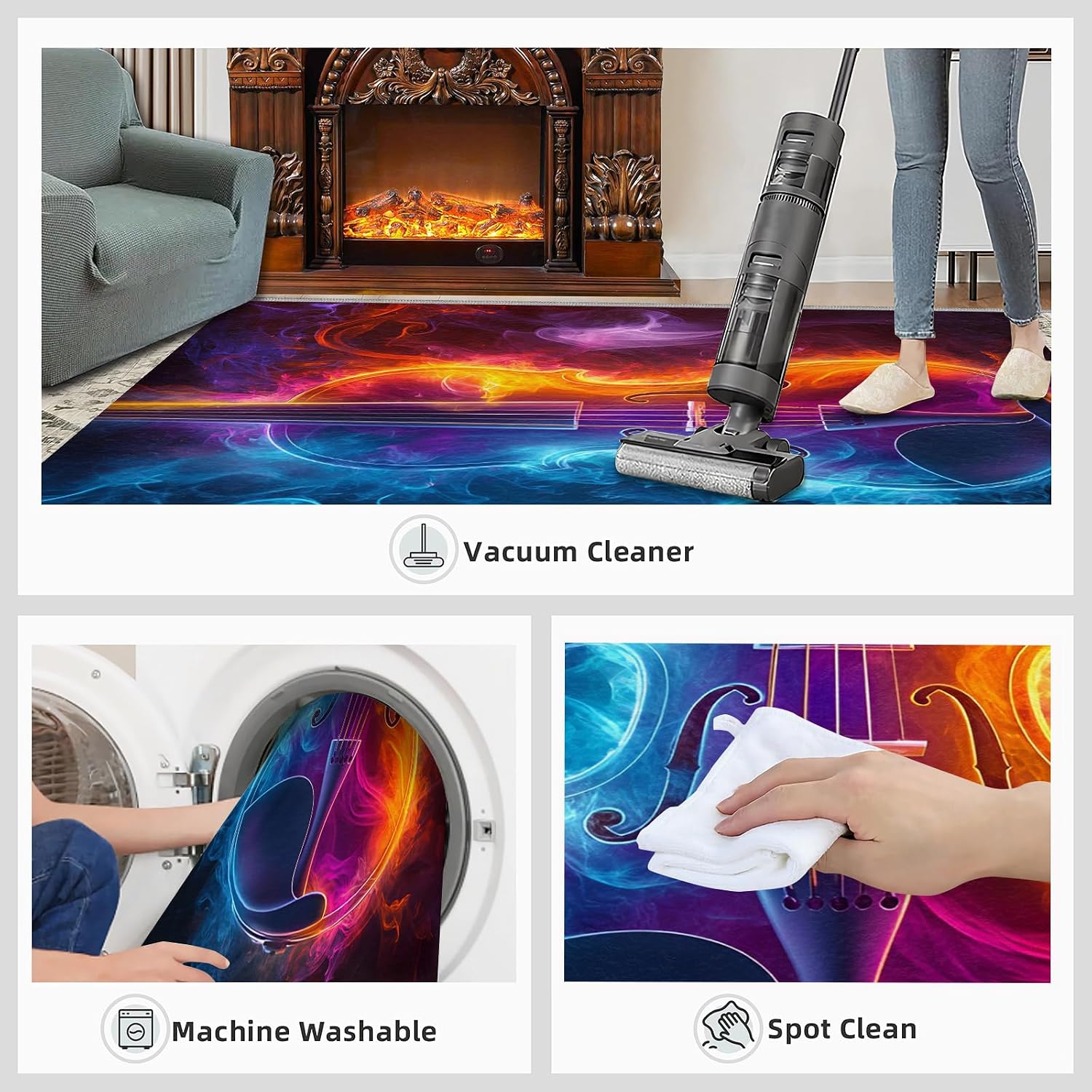 Guitar Rug 6x9-6x9 Rug, Ice and Fire Area Rugs for Bedroom, Music Rugs for Living Room, Boys Room Washable Mat, Rock Style Carpet, Guitar Home Decor & Gifts