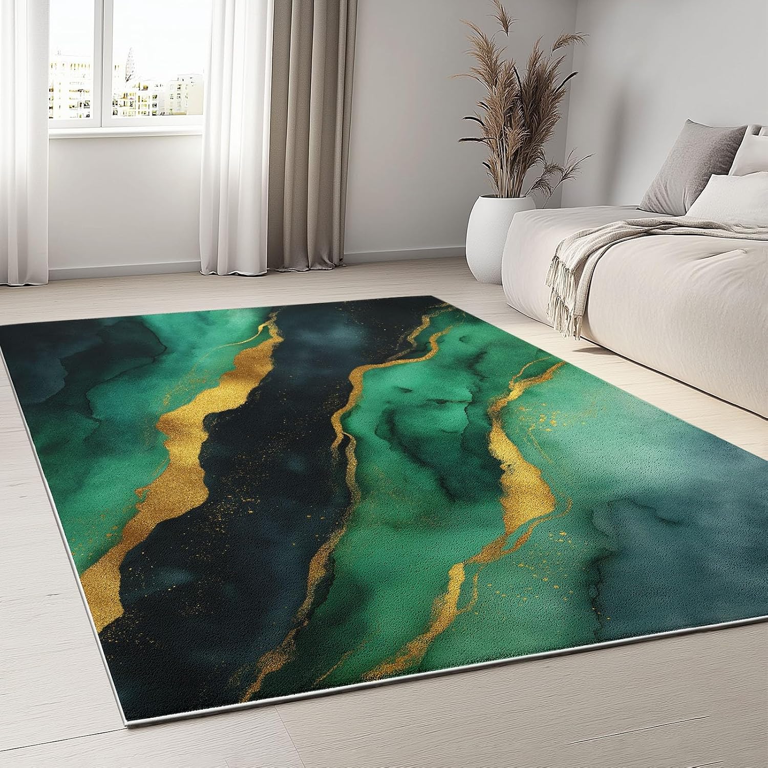Washable Area Rugs 6' x 8' Non-Slip Watercolor Art Soft Rug, Low Pile Machine Washable Carpet for Living Room Entryway Bedroom Nursery Malachite Marble Stripes Print Pattern Carpet