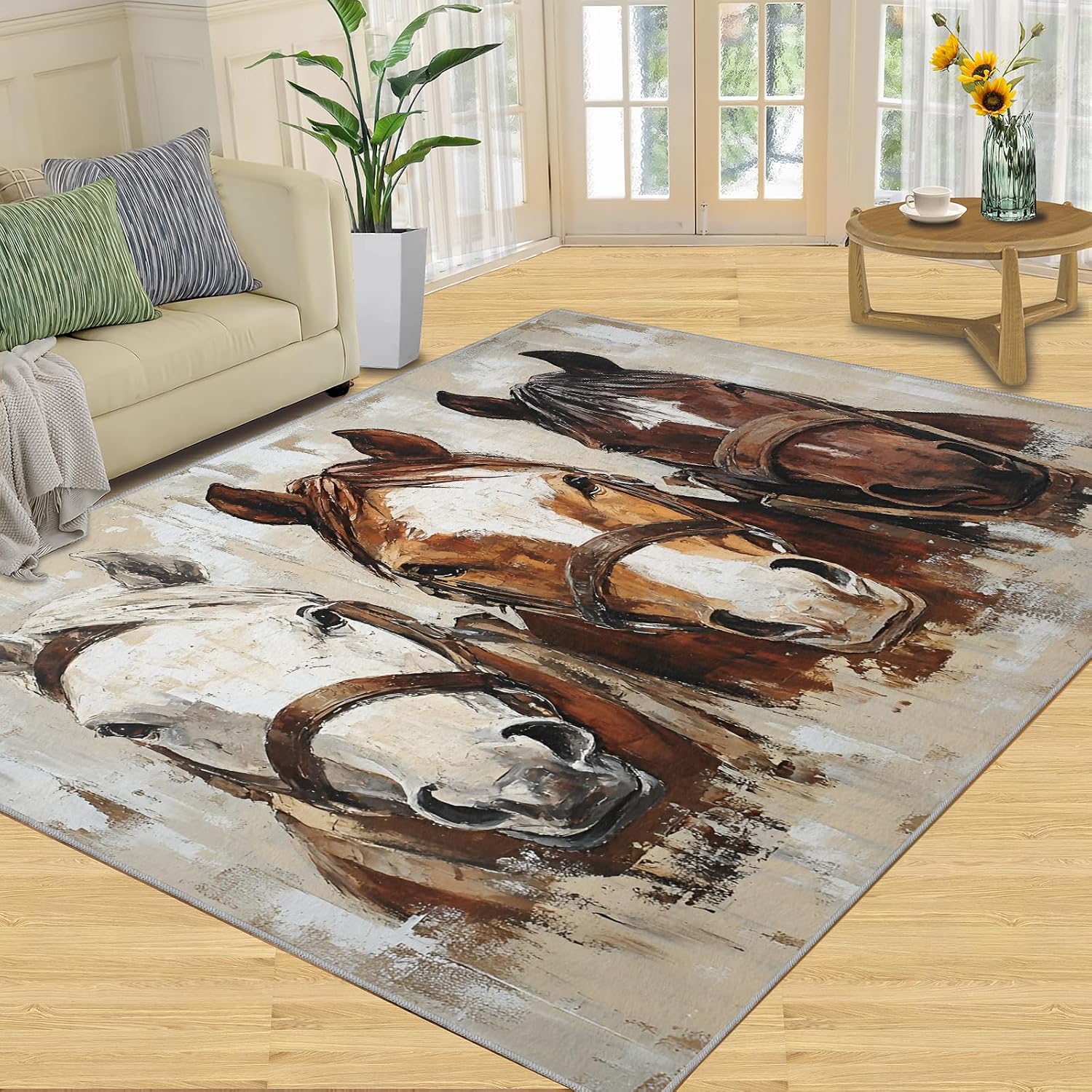 6x8 Horse Area Rug - Horse Head Large Rugs for Living Room, Vintage Animal Oil Painting Carpet Area Rug for Girls Bedroom Kids Room Basement Office Classroom