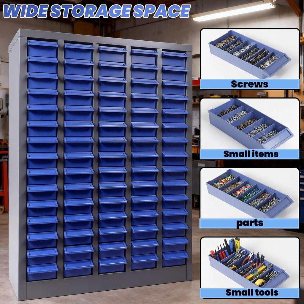 75 Drawers Parts Cabinet with Stainless Steel Frame & ABS Drawers, Bolt Organizer with 375 Dividers & Rear Stop Tabs, Nut and Bolt Bins for Garage Workshop Home