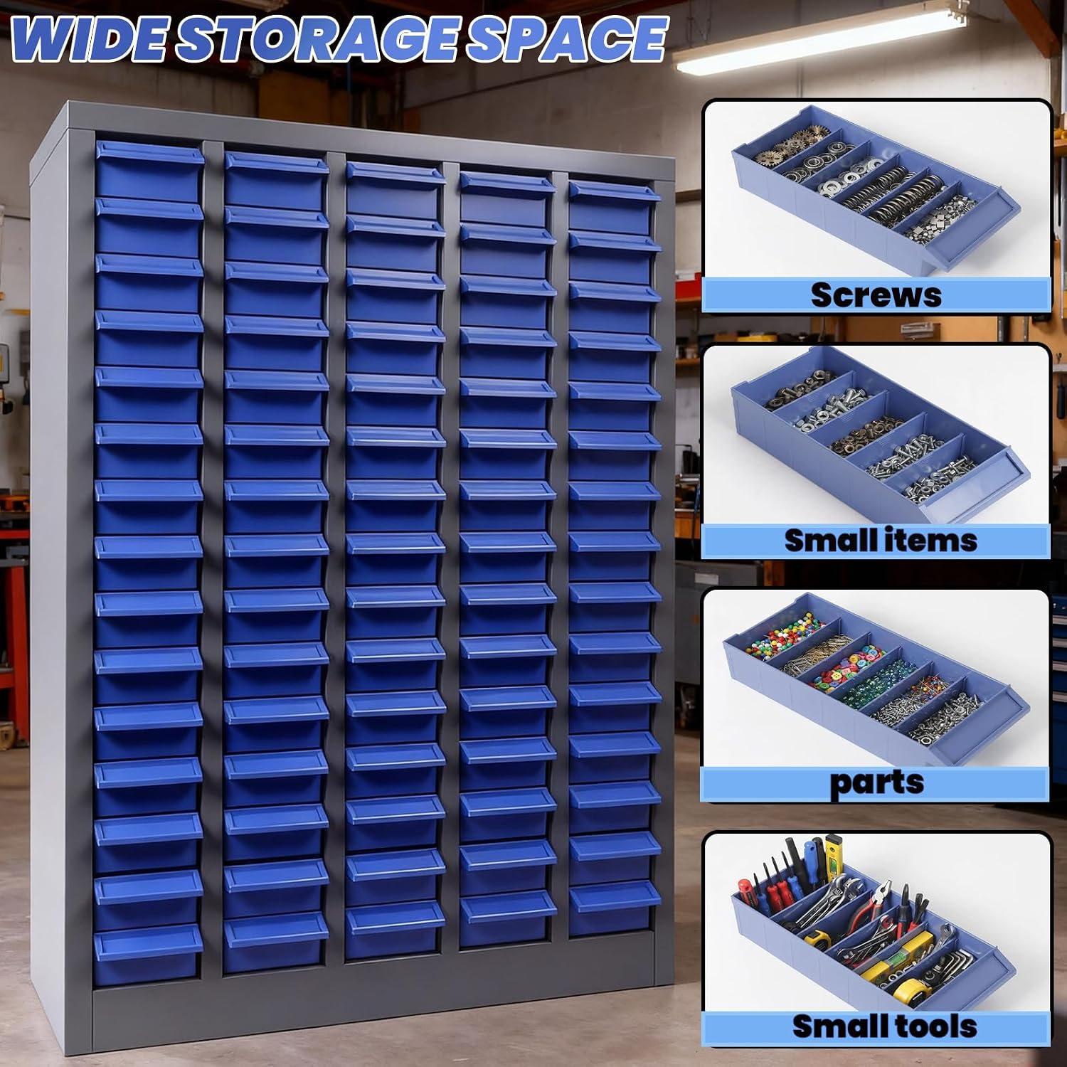 Stainless Steel Parts Cabinet with 75 Drawers, Bolt Bin with Label Holders & 375 Dividers, Nut and Bolt Organizer for Small Parts in Garage Workshop Classroom