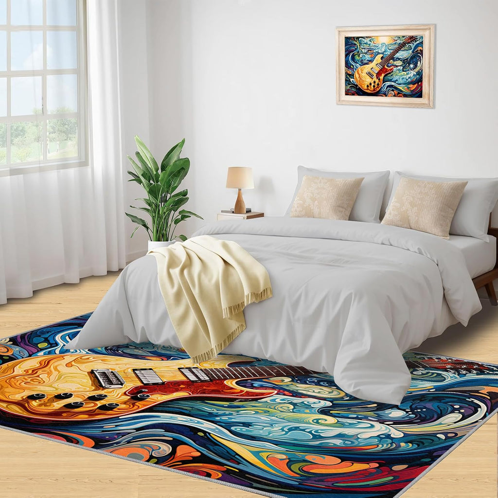 Music Guitar Rug for Bedroom - Music Area Rug - Guitar Lover Rugs for Living Room, Non-Slip Low Pile Carpet for Classroom Recording Studio Band 6x8ft