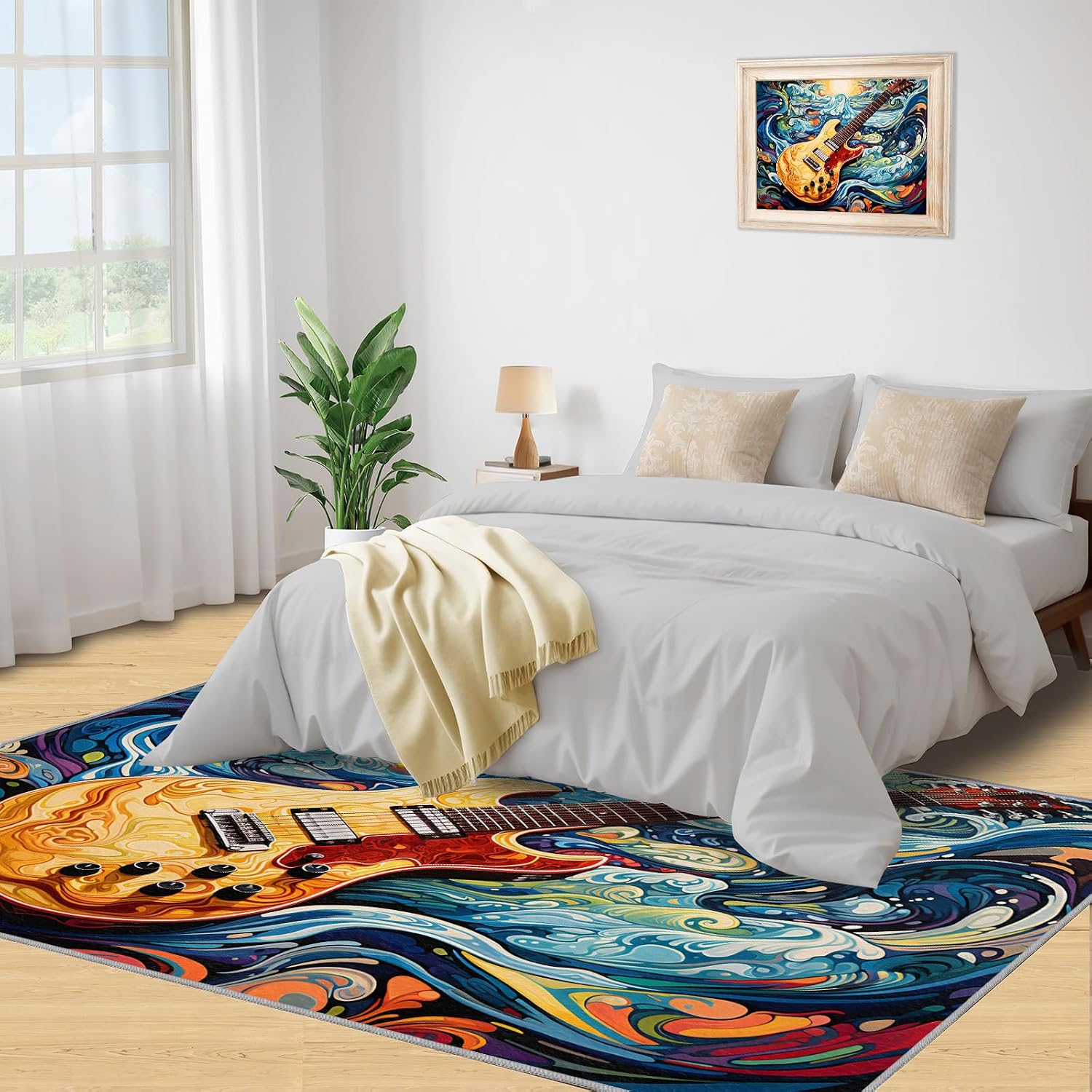 Music Guitar Rug for Bedroom - Music Area Rug - Guitar Lover Rugs for Living Room, Non-Slip Low Pile Carpet for Classroom Recording Studio Band 6x8ft