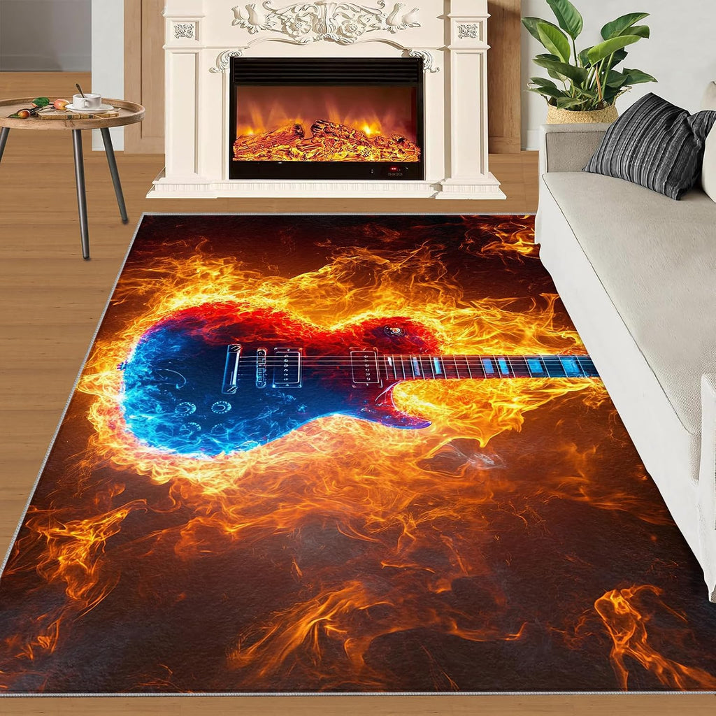 Flame Guitar Area Rug 5x6 - Electric Guitar Area Rugs for Kitchen, Abstract Art Bedroom Area Rug Kids Low Pile Rug for Indoor Outdoor Hardwood Floors Home Decor