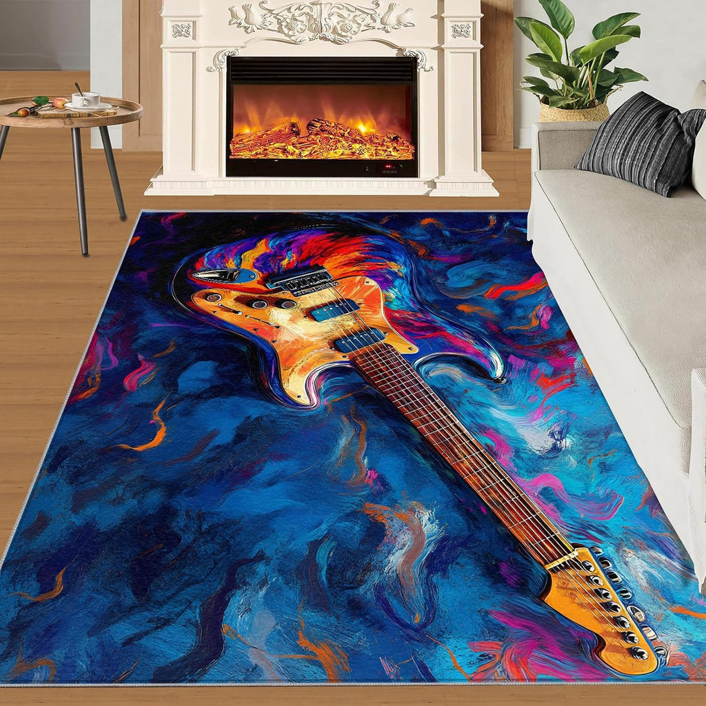 Electric Guitar Rug for Kids Room, Rock Guitar Rug 5x6, Colorful Music Bedroom Rugs Washable & Non Slip Carpet for Home Decor