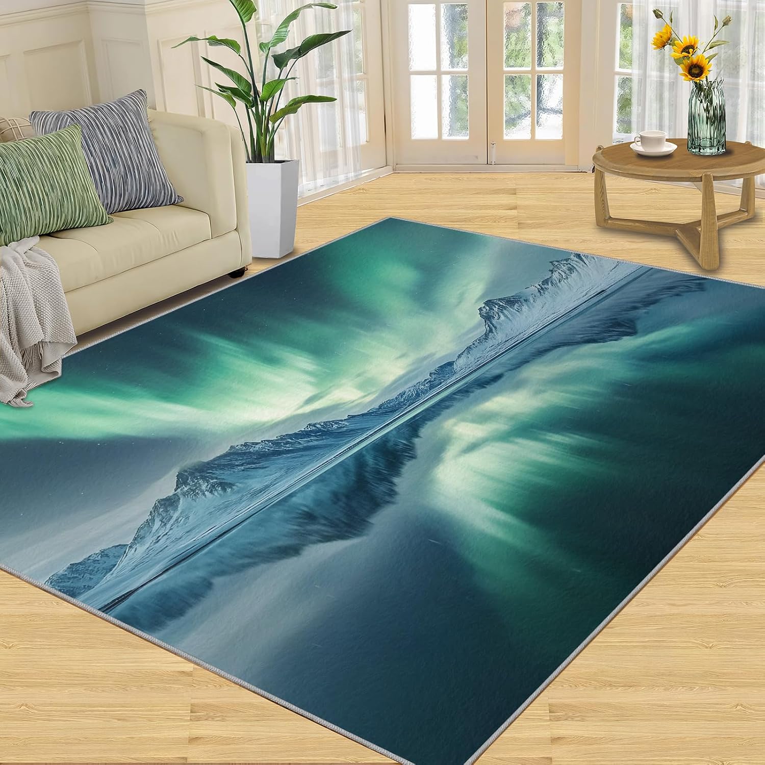 Northern Lights Rugs for Bedroom - 6x8 Rug, Aurora Borealis Area Rugs for Living Room, Mountain Carpet, Landscape Carpet, Washable Mat, Northern Lights Home Decor & Gifts